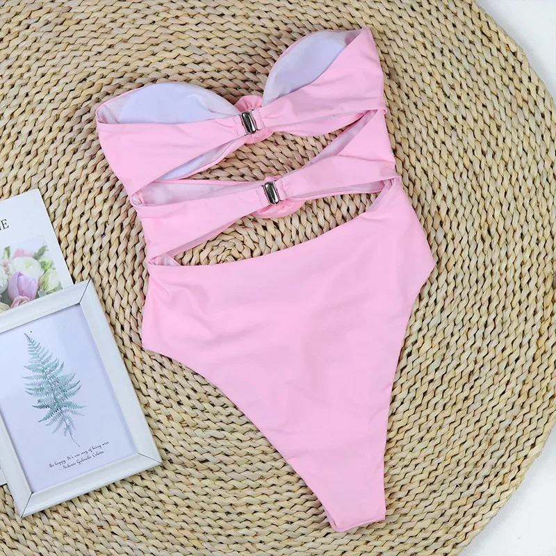 3D Flolar Bandeau ชุดว่ายน้ํา One Piece 2025 ดอกไม้สีชมพู Hollow-OUT สีขาว Strapless ชุดว่ายน้ําสตรี Elegant Beachwear