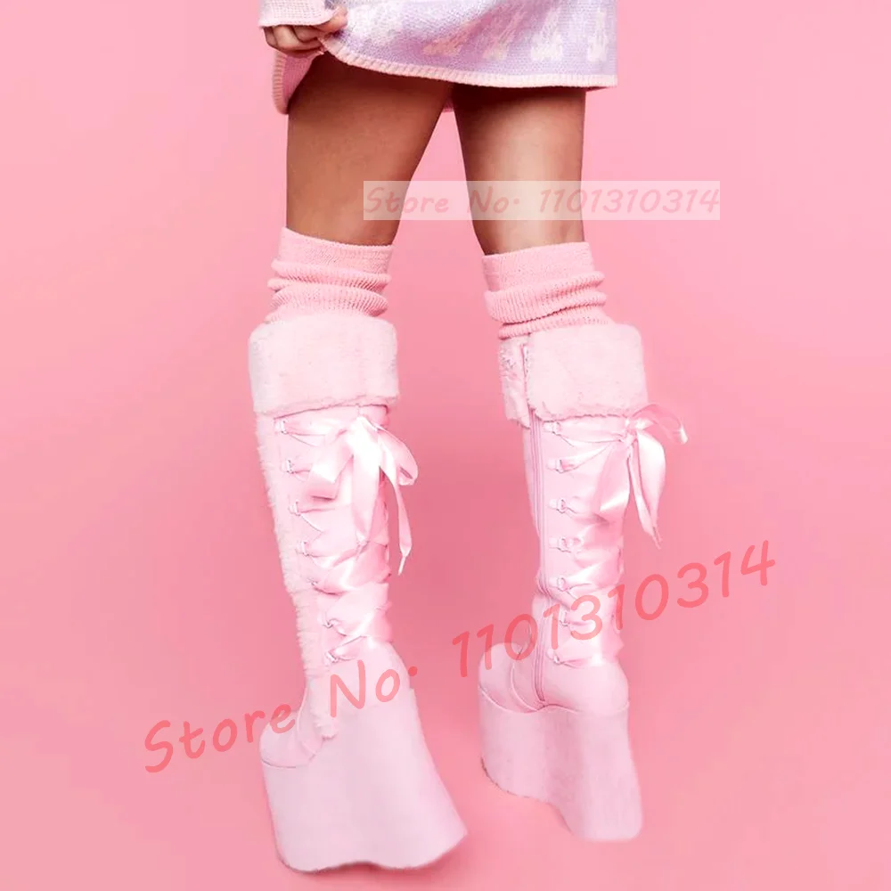 Pink Fur Trim Platform Knee Boots Women Sweet Back Satin Ribbons Wedges Shoes Girl\'s Splicing Streetwear Cute Side-zip Boots