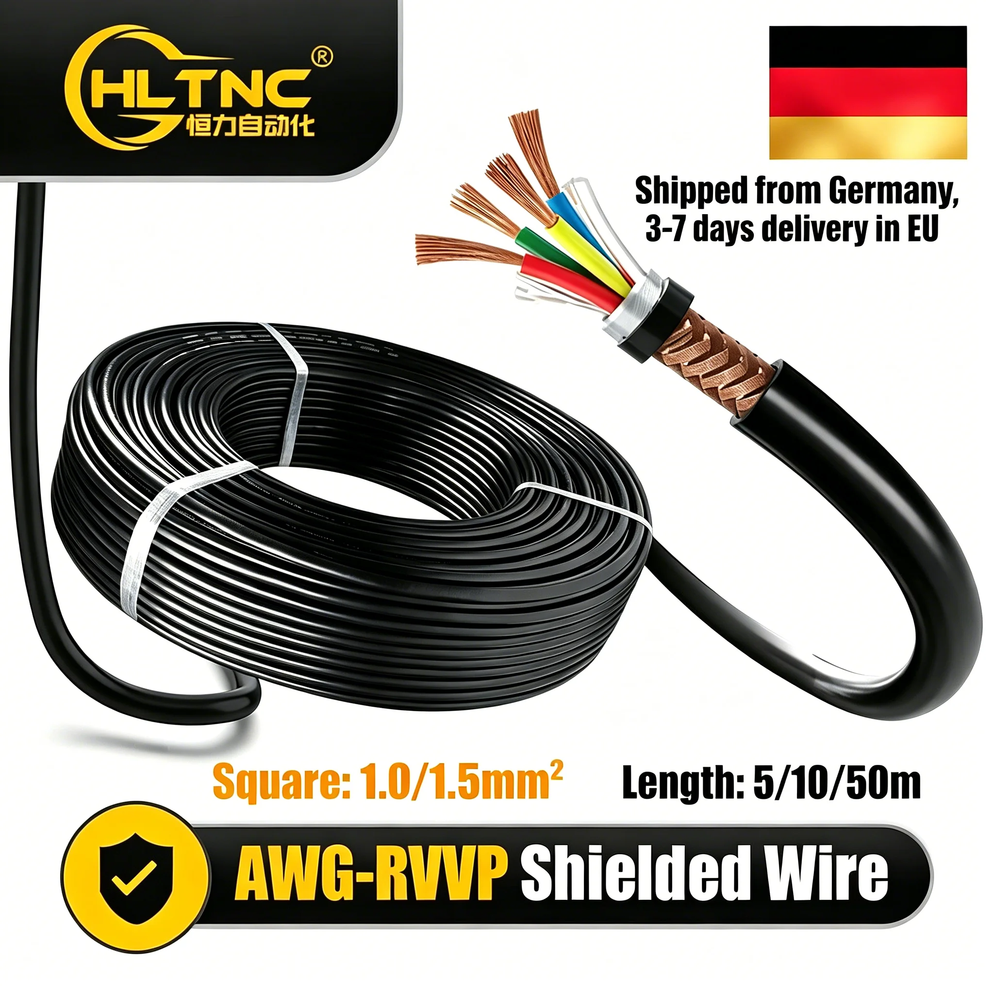 Cavo schermato RVVP 16AWG a 4 conduttori con strato di schermatura a griglia, spedizione UE, 5M/10M/50M per fascio, filo di rame resistente alle alte temperature