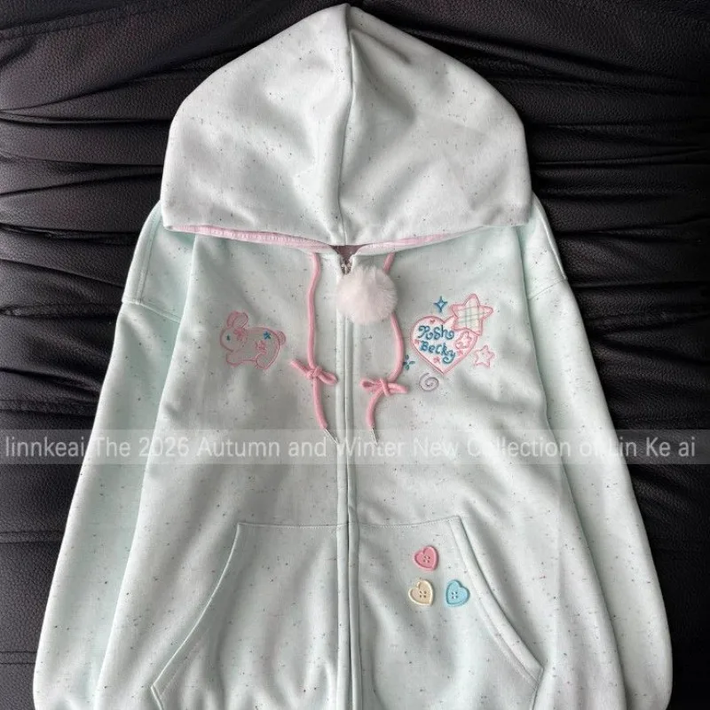 Sweet Kawaii Sweet Women Zip‑Up Hooded Sweatshirt Jacket Speckled Dotted Outer Fabric Plaid Bunny Heart Star Letter Embroidery