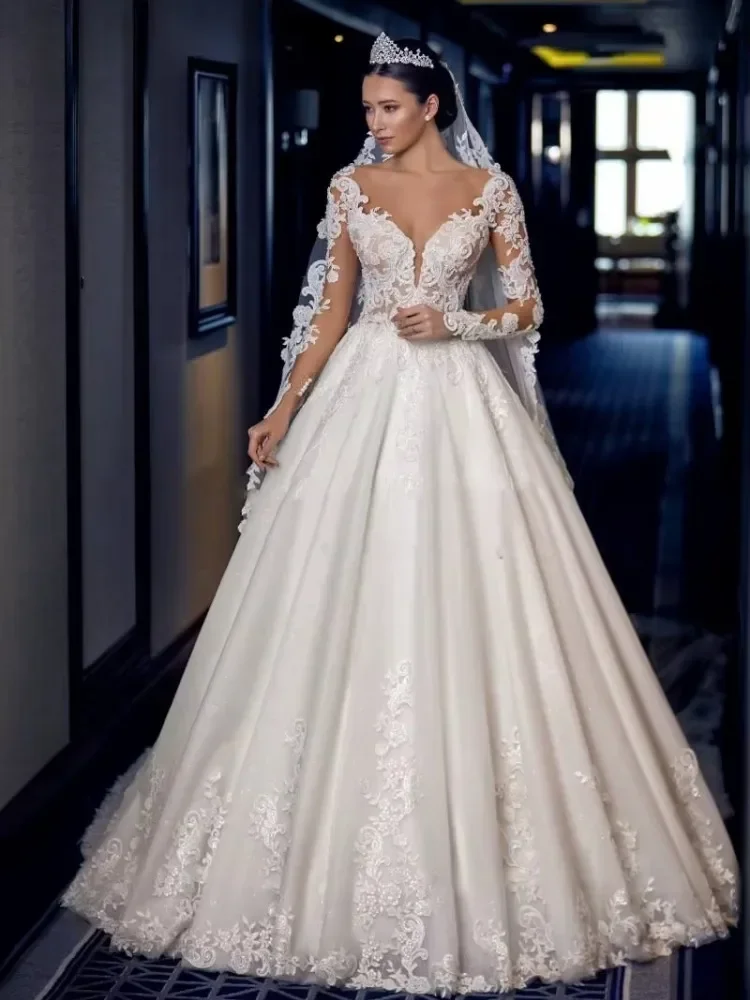 Flavinke ที่กําหนดเอง Chapel A-Line ชุดแต่งงานยาวเสื้อ \ \ \ \ \ \ \ \ \ \ \ \ \ \ \ Appliques LACE-up เจ้าหญิงชุดเจ้าสาว ...