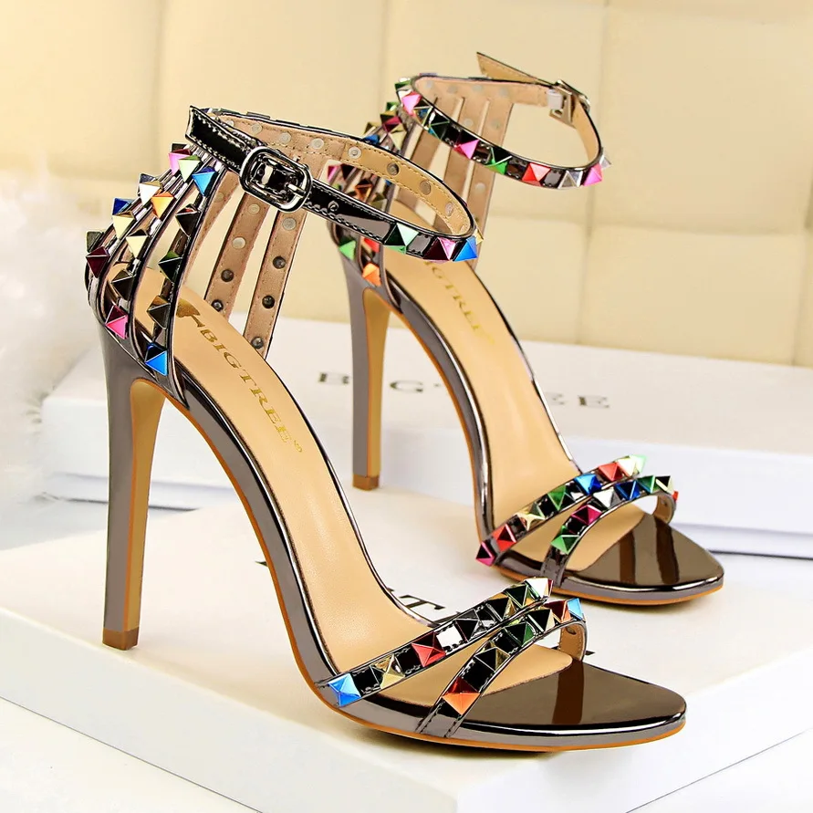 Lady Summer Shoes Woman Pumps Buckle Strap High Heels Glass Leather Sandal 11CM Fashion Rivets Style Party Street Shoes With Box