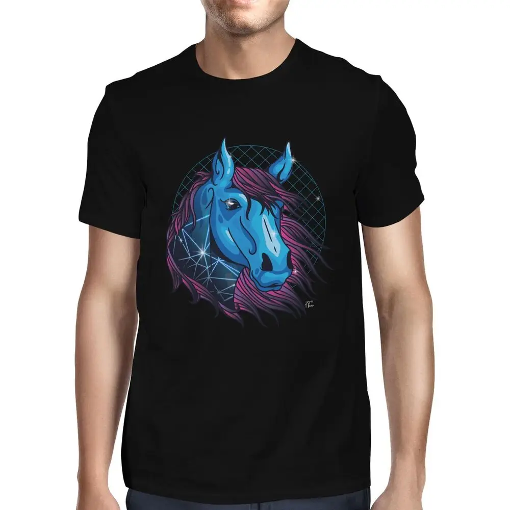 Mens Blue Neon Futuristic Horse T-ShirtUnisex Women's Summer Cotton Luxury Brand Retro OversizedUnisex T-shirts for Men Women Su