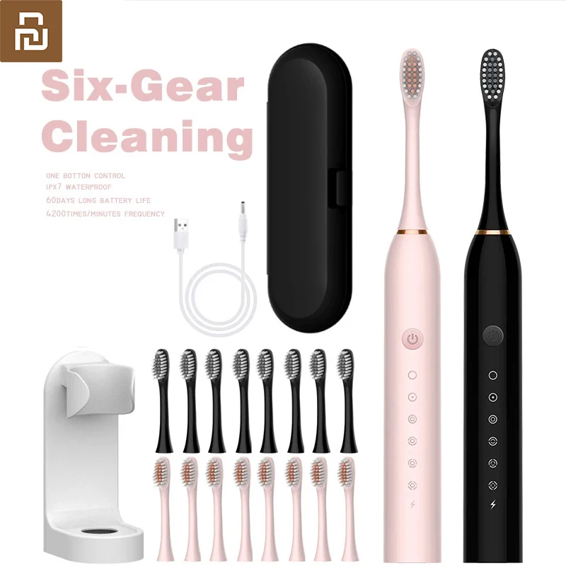 Youpin Xiaomi 6 Gear Powerful Sonic Electric Toothbrush Waterproof Smart Rechargeable Toothbrush Washable 8 Brushheads Whitening