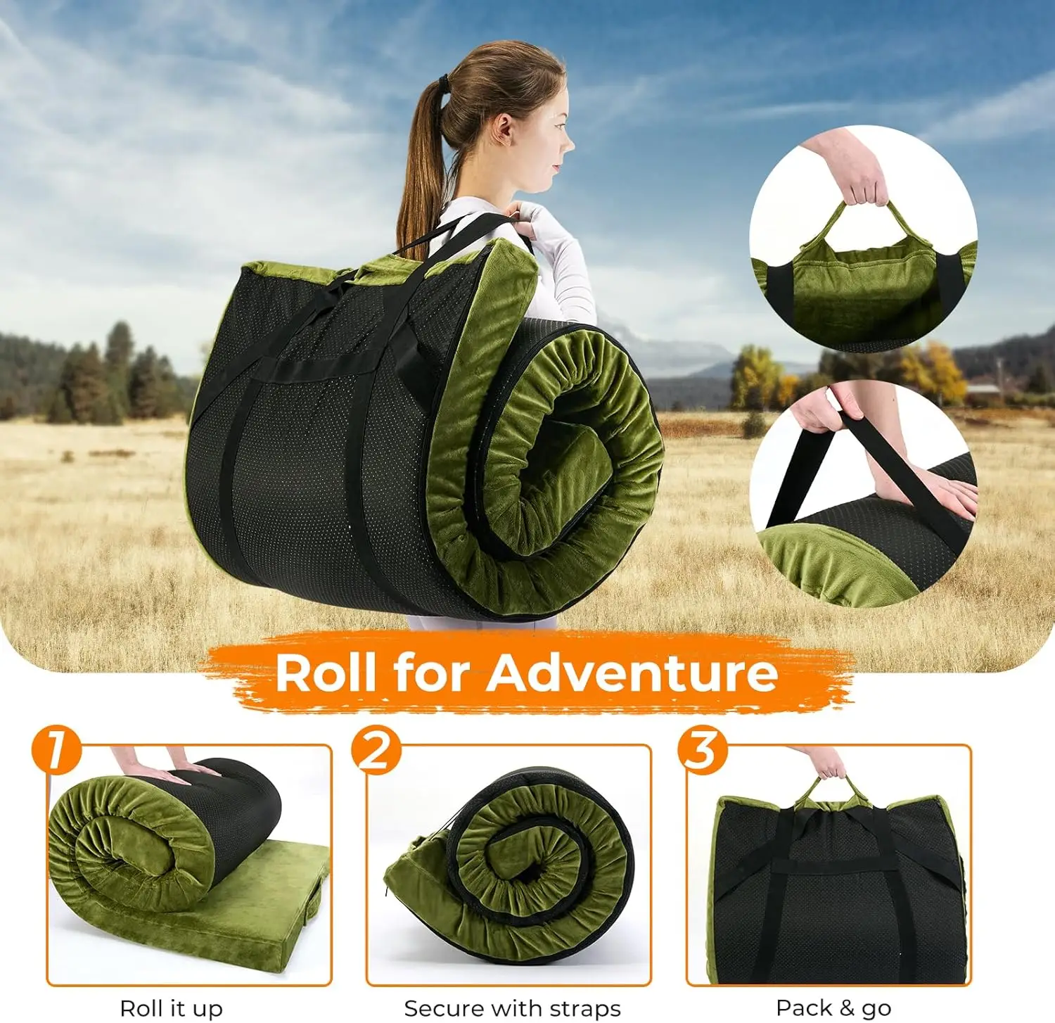 Colchão de acampamento de espuma viscoelástica à prova d'água de 3 polegadas - Tapete de dormir portátil enrolável para viagens, barraca, carro, piso de hóspedes e berço