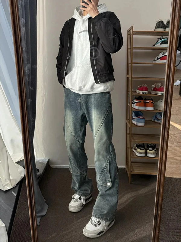 

Washed Vintage American Style Straight Leg Jeans Youth Trendy Design Sense Patchwork Feel Workwear Casual Autumn Jeans