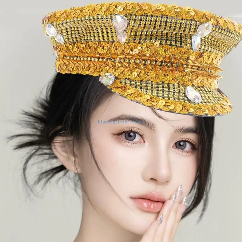 

652B Bridal Hat with Sparkly Crystals Captain Hat Sailor Hat for Bachelorette Party Wedding for Club Stage Bar