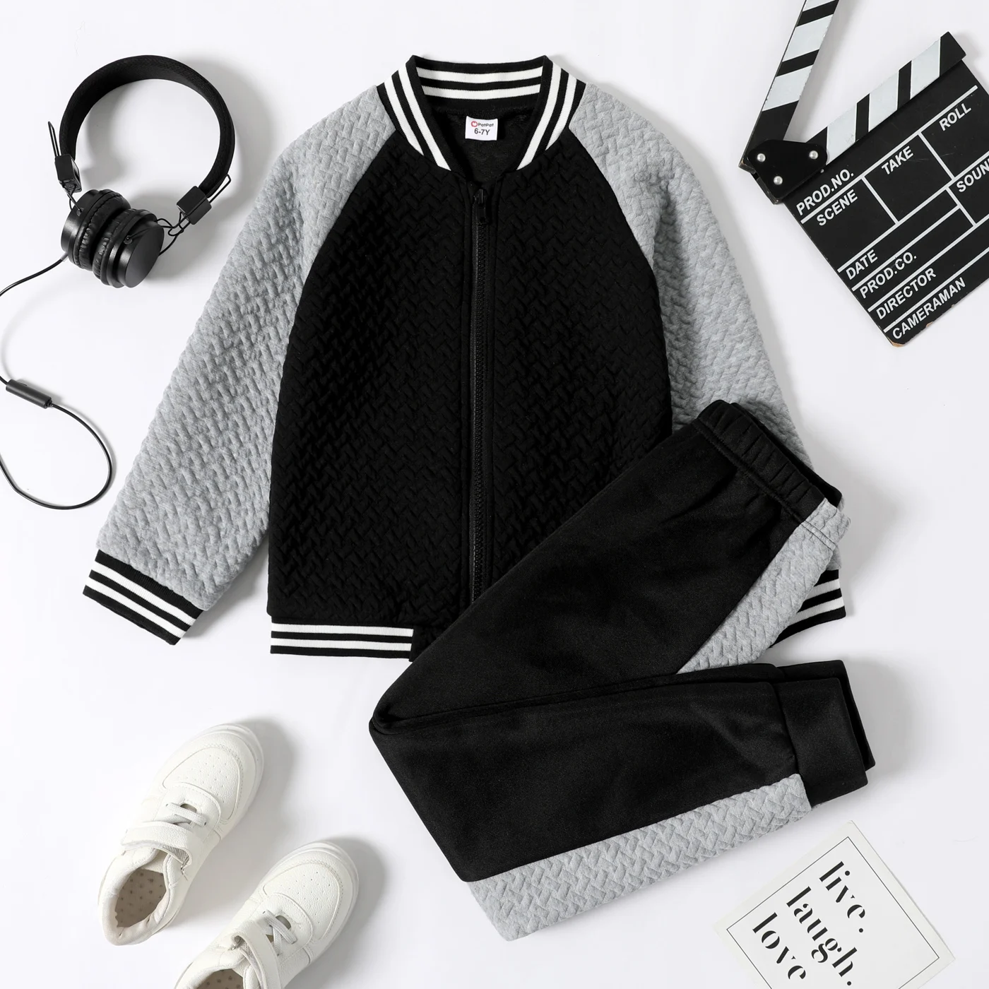 

PatPat Boys Two-Piece Set Textured Color Block Striped Zipper Jacket And Pants Casual Outfit