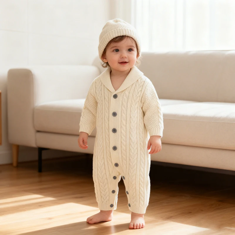 

New Spring Winter 0-24M Toddler Baby Boy Knit Romper Long Sleeves Infant Baby Boy Solid Jumpsuit Baby Boy Knit V CollarClothing
