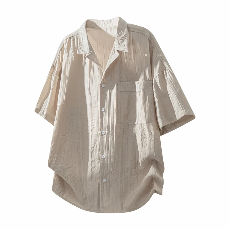 Elegant Pleated Cuban Collar Short Sleeve Shirt Men Linen-Like Fabric Vintage Half Sleeve Shirt Collar