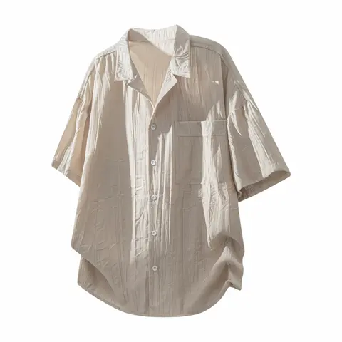 Elegant Pleated Cuban Collar Short Sleeve Shirt Men Linen-Like Fabric Vintage Half Sleeve Shirt Collar