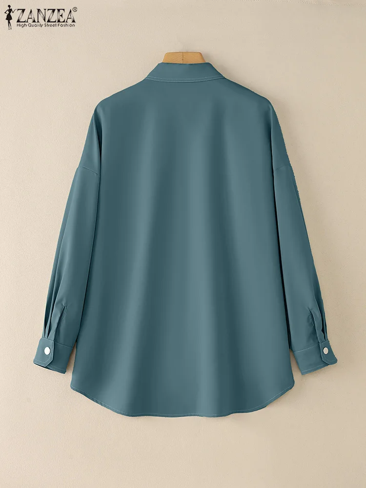 

ZANZEA 2022, элегантные рубашки, женские осенние повседневные топы с длинными рукавами и карманами, женская рабочая уличная блузка, однотонные Blusas Femininas
