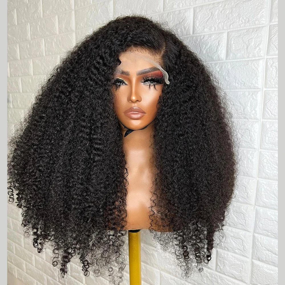 Soft Long 26inch Natural Black Glueless 180Density Kinky Curly Deep Lace Front Wig For Women With Baby Hair Preplucked Daily