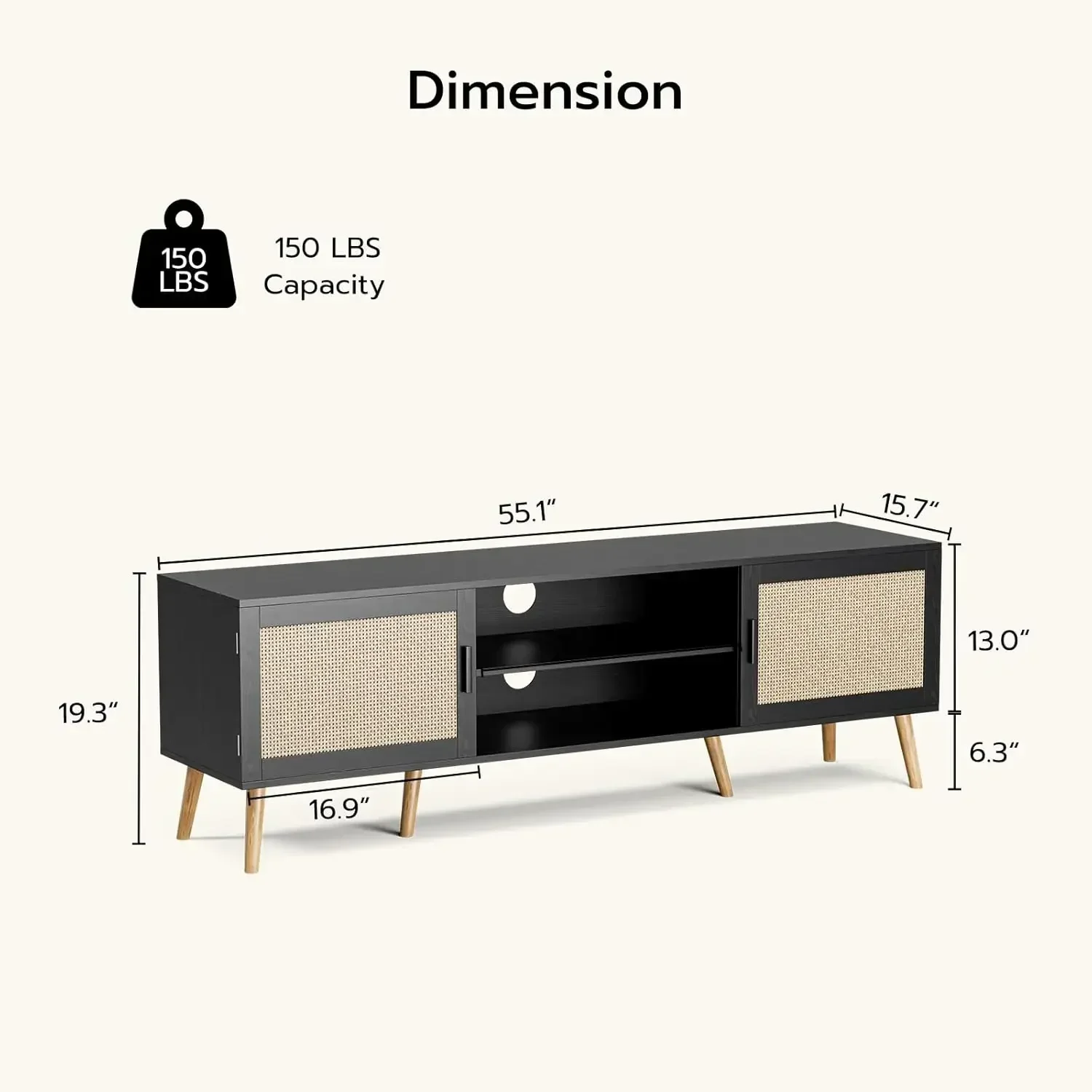 TV Stand for TVs up to 65'', Shelves & 2 Cabinets, Boho Media TV Console for Living Room, Bedroom, Black