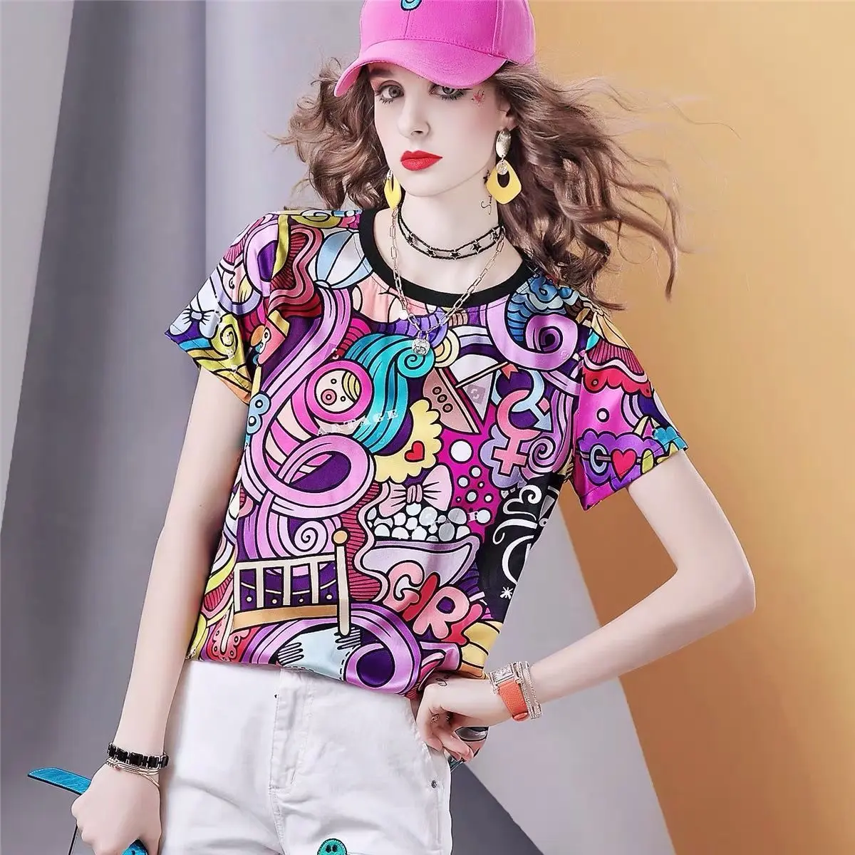2023 New Female Clothing Summer Printing Slim Loose Short Sleeve T-shirt Women's Fashion Round Neck Panel Casual Tops