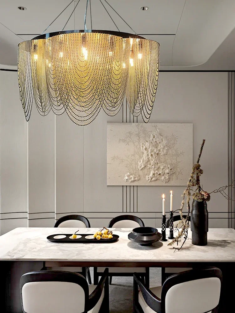 Postmodern Designer Ceiling Chandeliers Restaurant Lamp Chrome Gold Metal Chain Pendant Lighting Fixtures Living Room Lustre