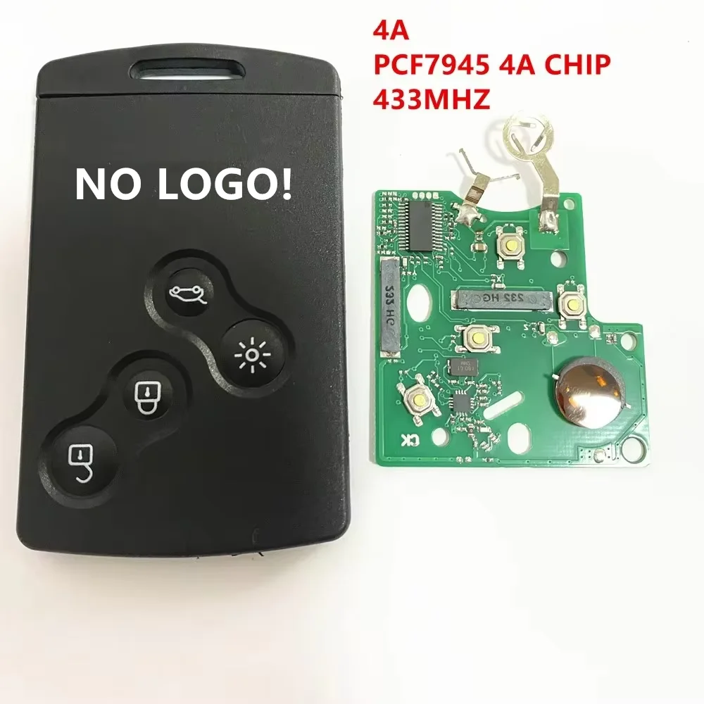 ロゴなし！ 4ボタンリモートキーカードキーレススマートキー433mhz 4A PCF7945/PCF7953チップ ルノー クリオ4 キー キャプチャーキー 2013年以降