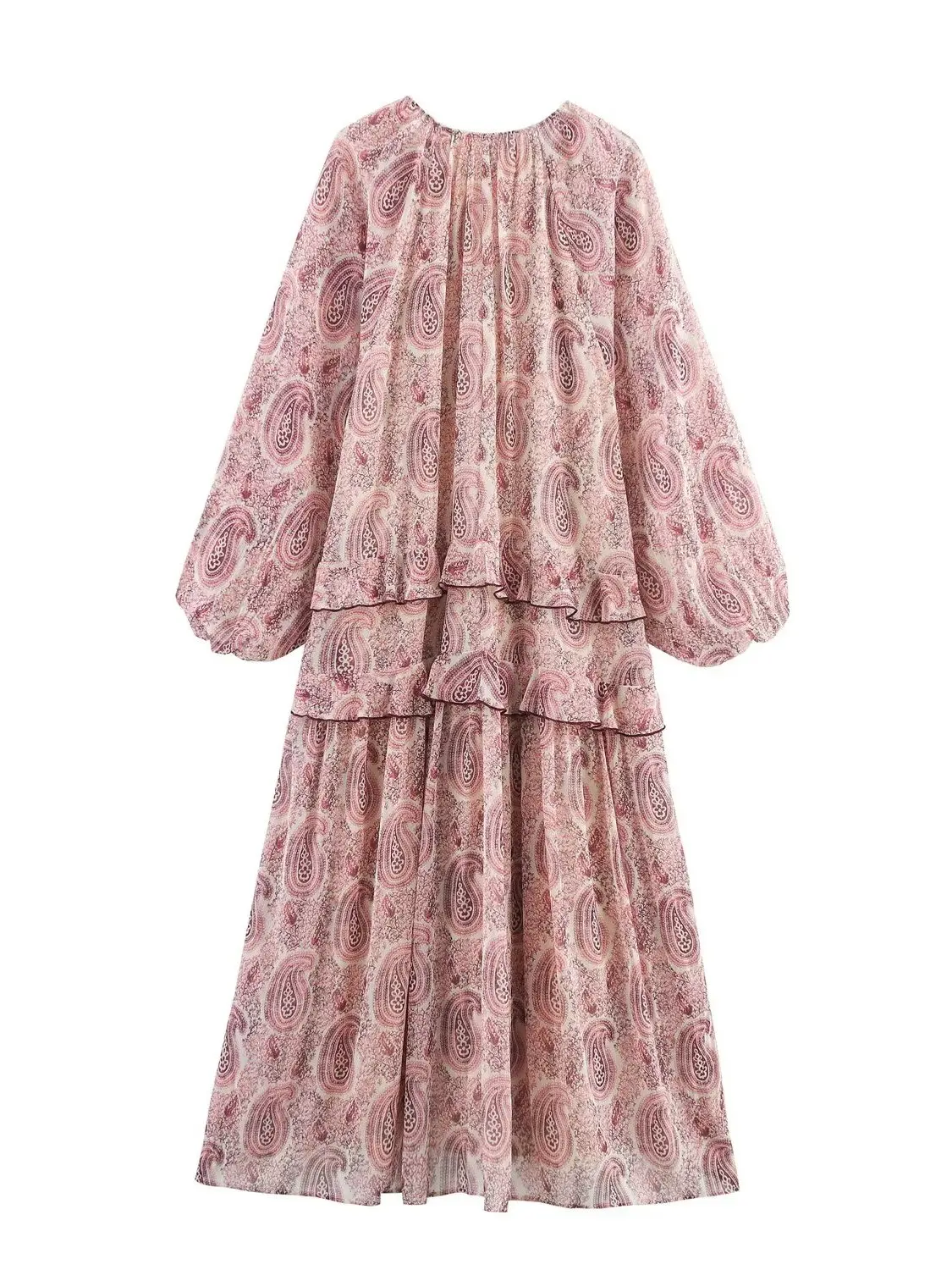 Vestido Midi E com Decote em V e Decoração em Camadas, Estilo Novo de Verão para Mulheres, Vestido Casual de Manga Lon...