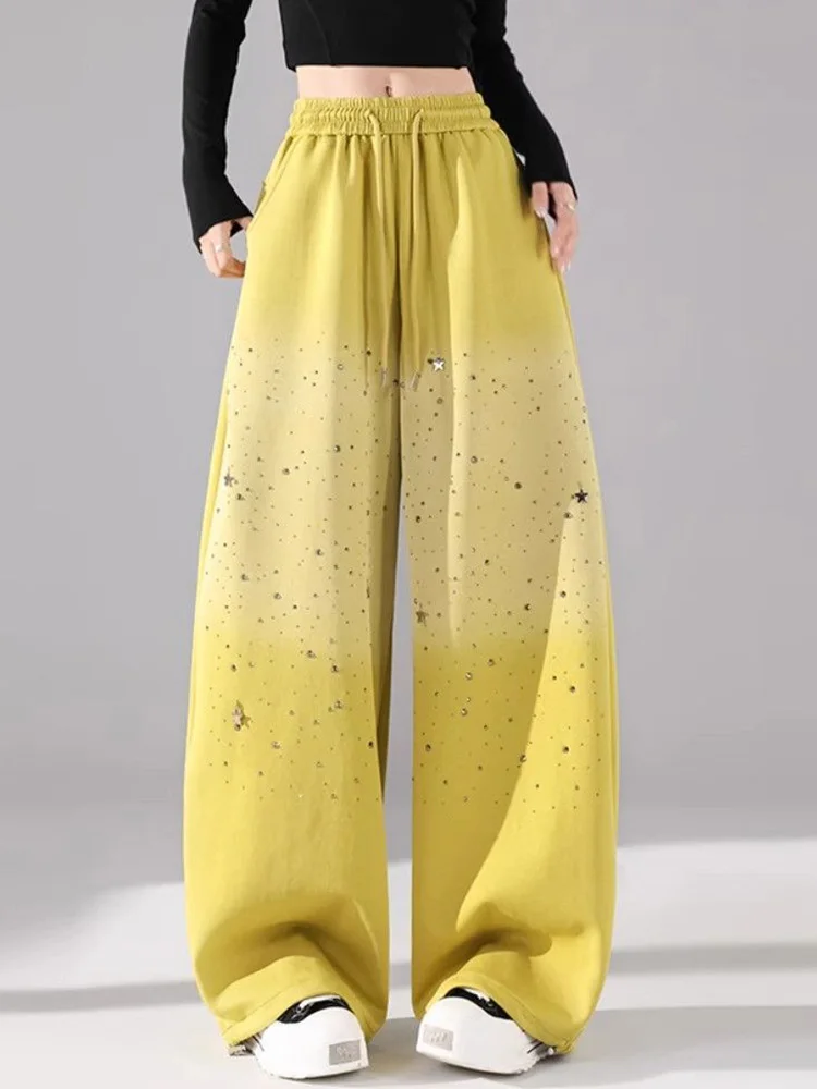 Vintage Diamond Y2K Pants Women Hip Hop Harajuku Streetwear Wide Leg Pant American Retro Bf Gradient High Waist Spring Trousers