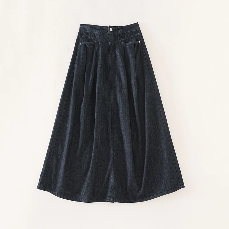 

Простая юбка трапециевидной формы с высокой талией для женщин, плиссированные темно-синие джинсовые юбки, винтажное универсальное платье для поездок на работу