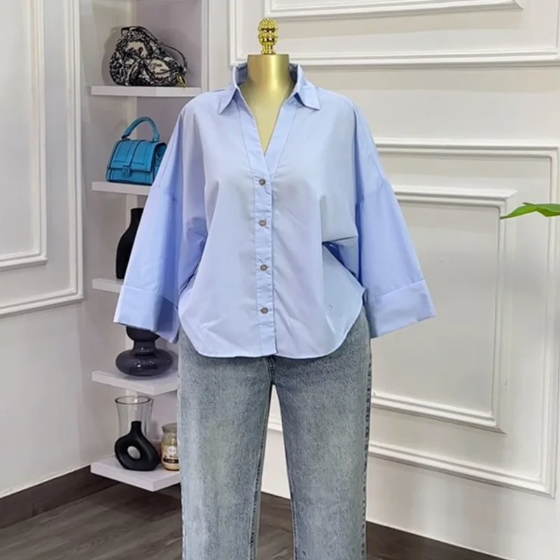 بلوزات قميص نسائي بياقة مقلوبة وأكمام كاملة مخطط Y2k ملابس الشارع الشهير قمصان أنيقة لصق عمل فضفاض غير رسمي لخريف 2025