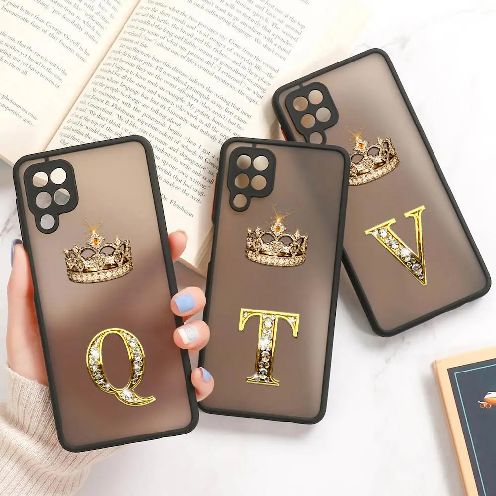 Matte Case For Samsung Galaxy A02 A03S A50 A70 A30 A40 A20 A7 2018 M30S M21 M51 M32 Note 20 Phone Cover Initial Letter R Q Crown