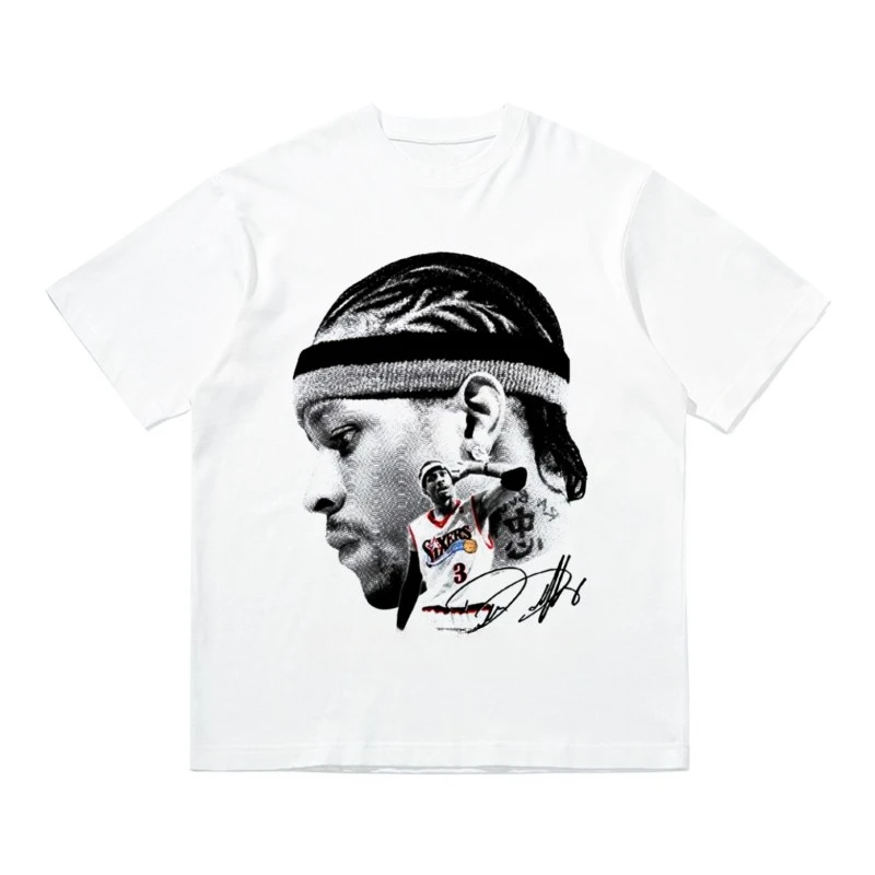 

2025 New Summer Iverson Big Head Printed Short Sleeve T-Shirt American Basketball Star Sports Pure Cotton Casual Loose T-Shirt