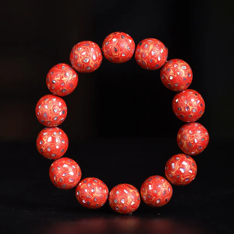 Chinese Lacquer Red Gold Mother of Pearl Bracelet Rhinoceros Skin Pattern Trendy Mala For Men Women Handicraft Beads