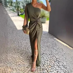 Elegant Asymmetric One Shoulder Long Dress for Women Summer Solid Sleeveless Bodycon High Split Satin Party Club Robes