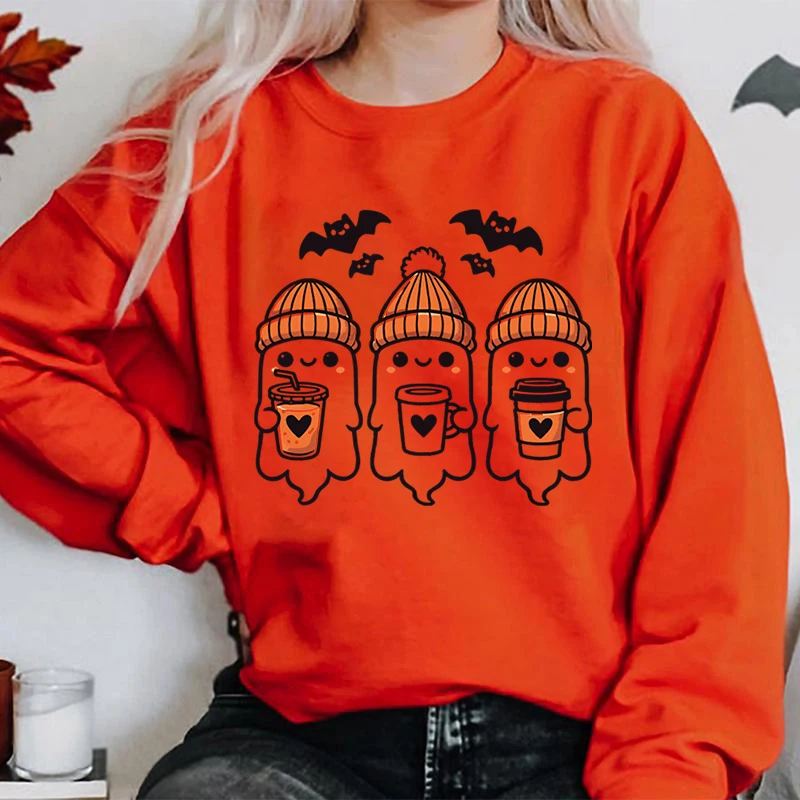 Funny Women's Hoodless Sweatshirts Halloween Ghost Bat Print Round Neck Pullovers Fashion Cute Halloween Ladies Casual Pullovers