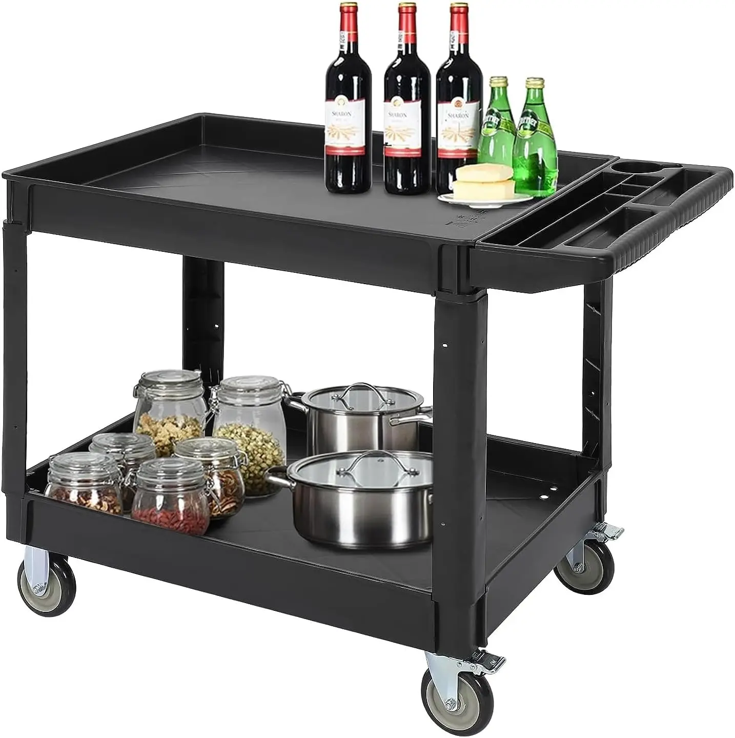 Service Cart 2-Shelf, Storage Handle, 500 lbs Capacity, for Warehouse/Garage/Cleaning/Manufacturing，45