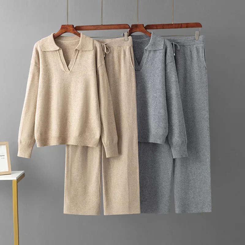 Autumn New Knitted Pants Suit Women Casual Warm Soft  Loose Polo Collar Sweater Wide Leg Pants Women Two-piece Set Elegant