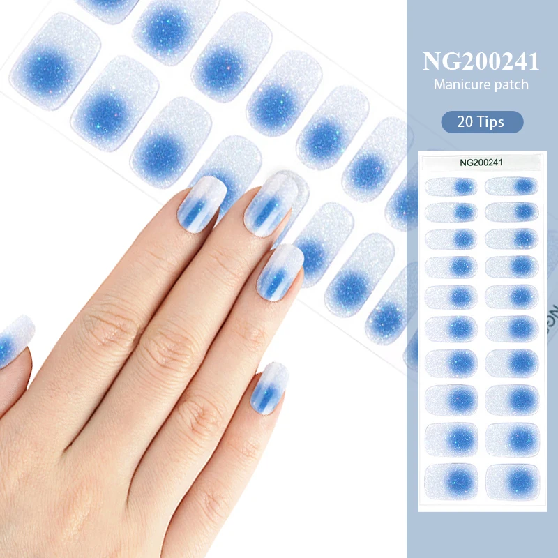 20Tips Snowflake Semi-cured UV Gel Nail Art Stickers Glitter Blue White Xmas Full Cover Gel Nail Strips Press On Nail Decal Mani