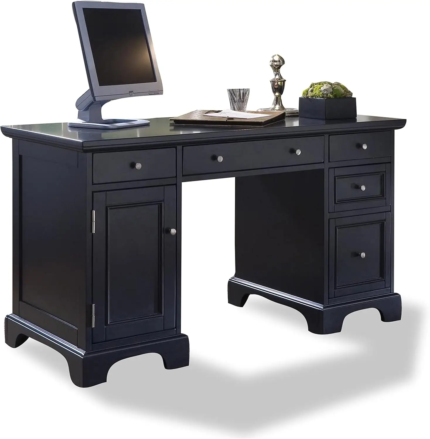 Black Pedestal Desk Made of Solids Asian Hardwood Comes in Black Ebony Finish Keyboard Tray Box Drawer