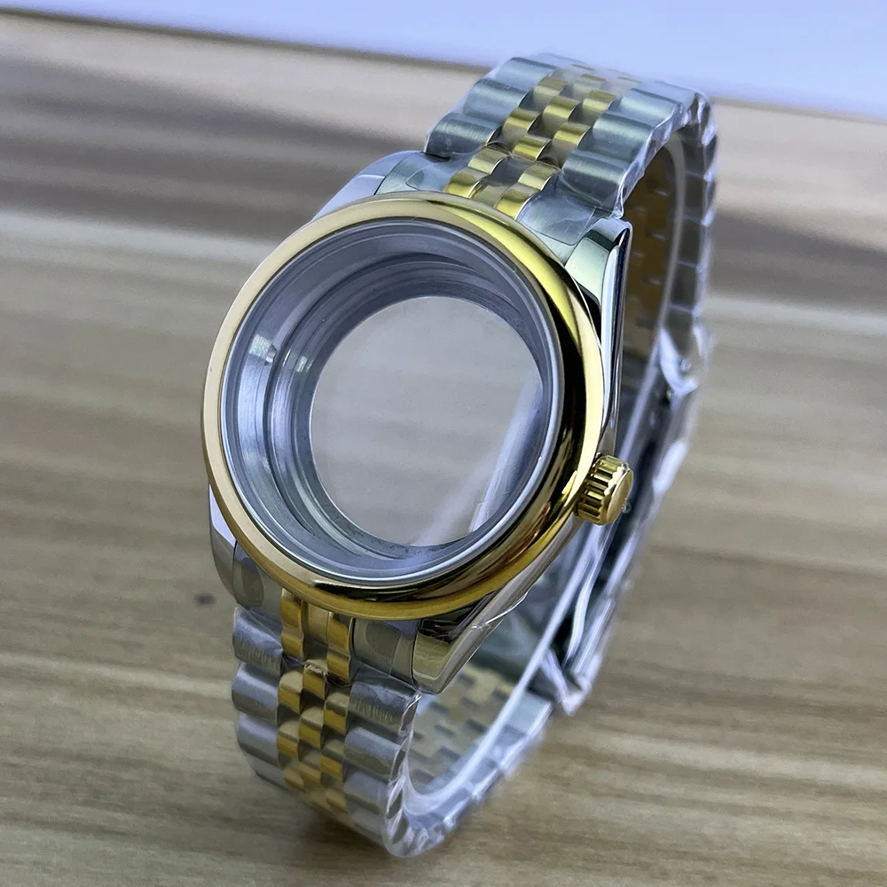 حافظة 36 مم/39 مم، إطار ذهبي، زجاج ياقوتي، سوار من الفولاذ المقاوم للصدأ، NH35، ملحقات تعديل ساعة الحركة NH36