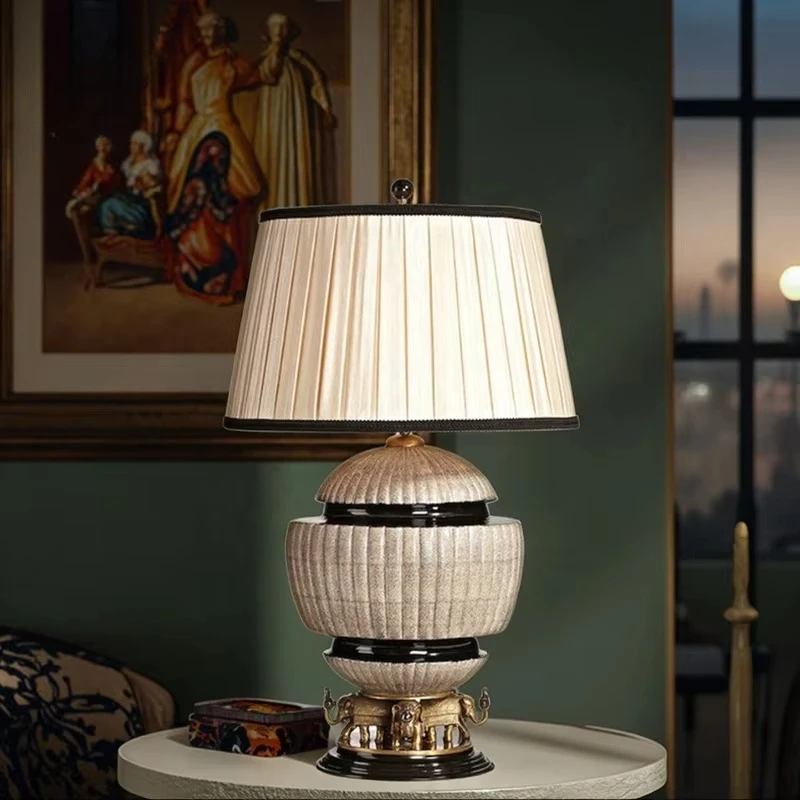 European retro luxury desk lamp black decoration, gold copper elephant base desk lamp, bedroom living room home decoration