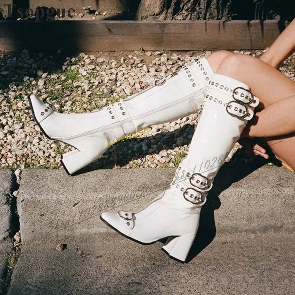 Trending White Knee High Buckle Strap Boots Chunky High Heel Shoes For Women Side Zipper Elegant Stylish Casual Women Boots