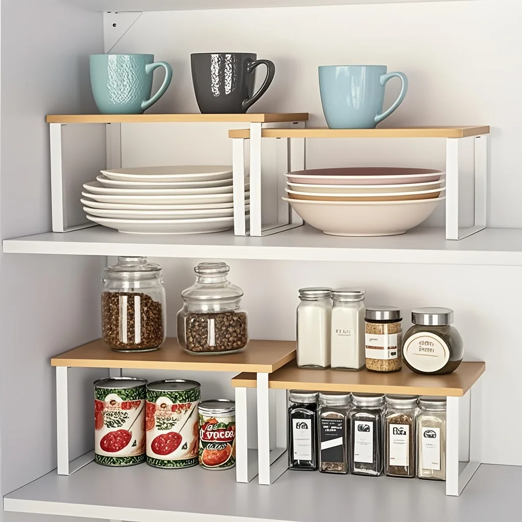 

usSet of Two Adjustable And Stackable Shelf Organizers - Versatile Wooden Storage Rack for Kitchen Counters, Spices, Bathrooms, And Pantries - a Space-Saving Gift for Home Organization Enthusiasts And Cooking Aficionadosd