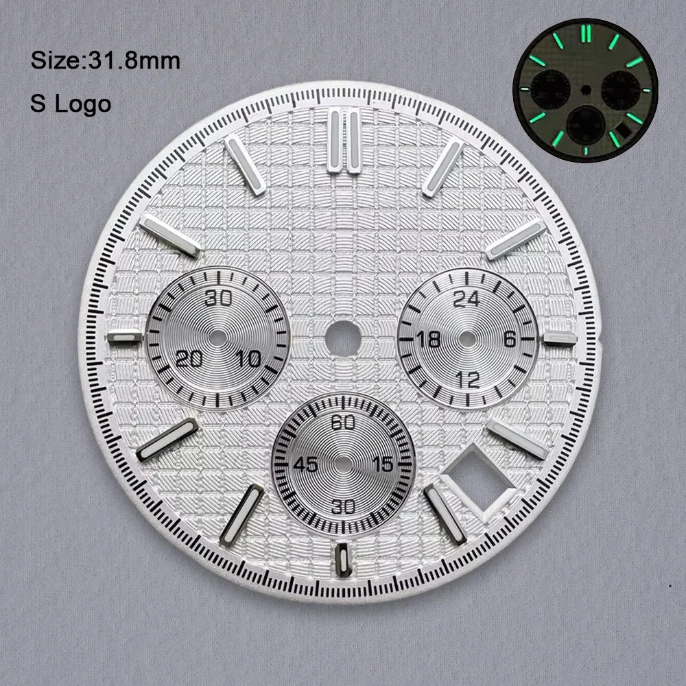 新しい 31.8 ミリメートル S ロゴダイヤル VK63 クォーツムーブメントに適したグリーン発光高品質オークダイヤル時計修正アクセサリー