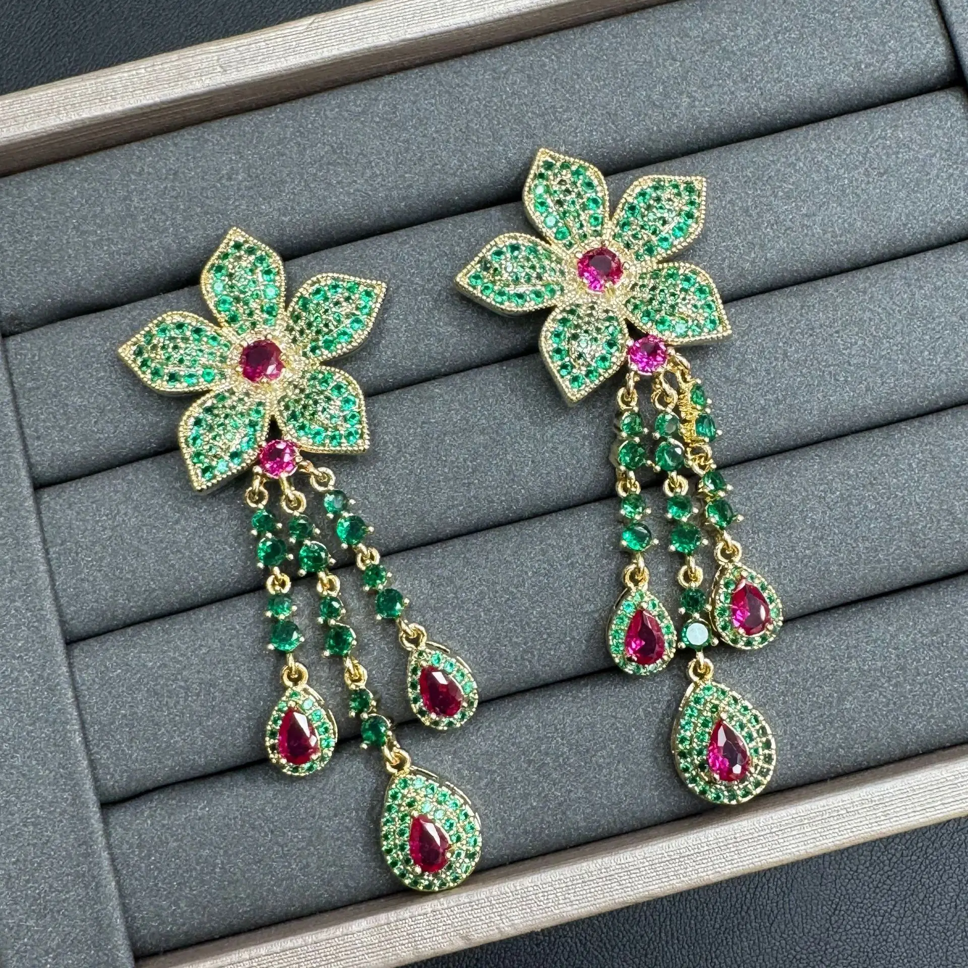 

fashion unique cubic zirconia earrings for women jewelry gala event party flower dangling earrings long green blue pink