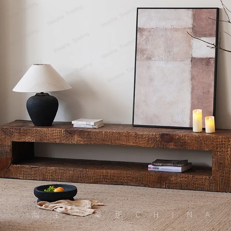 Medieval solid wood wabi wind bench retro old log long TV cabinet bench