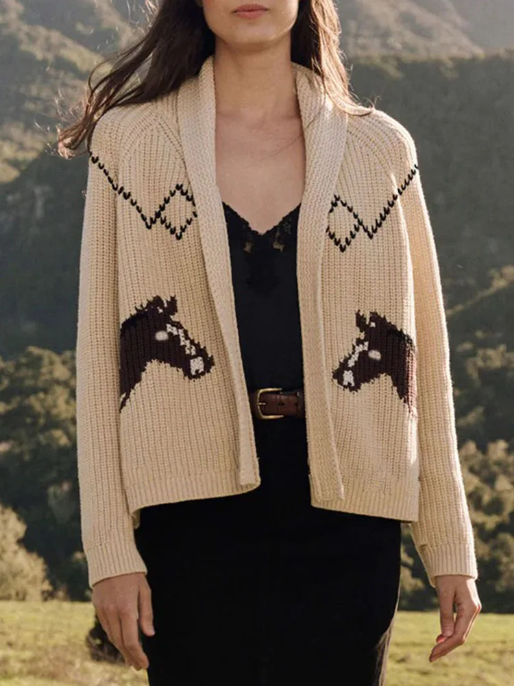 

Элегантное свободное пальто с воротником с лацканами и длинными рукавами, женский модный свитер с принтом, верхнее пальто, осень-зима, повседневный вязаный кардиган