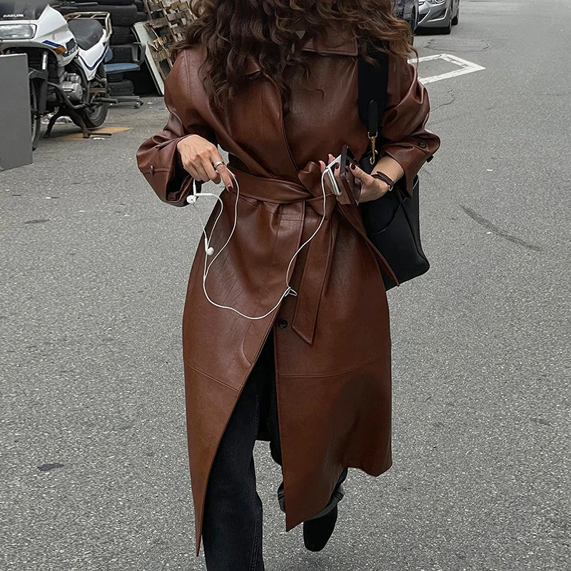 2024 Autumn Brown Long Faux Leather Trench Coat with Sashes Women Black Motorcycle Jacket Casual Single-breasted Female Outwear