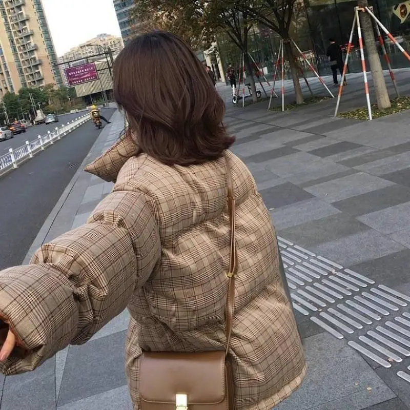 

2025 New Autumn and Winter Style Checkered Down Cotton Jacket for Women's Loose Breadms