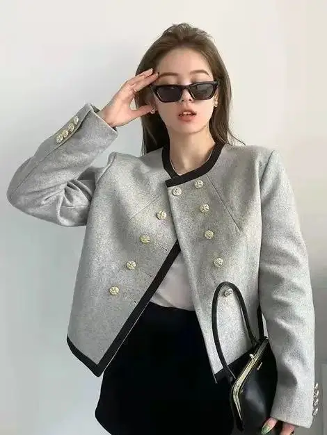 Short Coat Irregular Gray Women Elegant Cropped Woolen Coat Small Fragrance French High-End Coat Tops Vintage Casual Outerwear