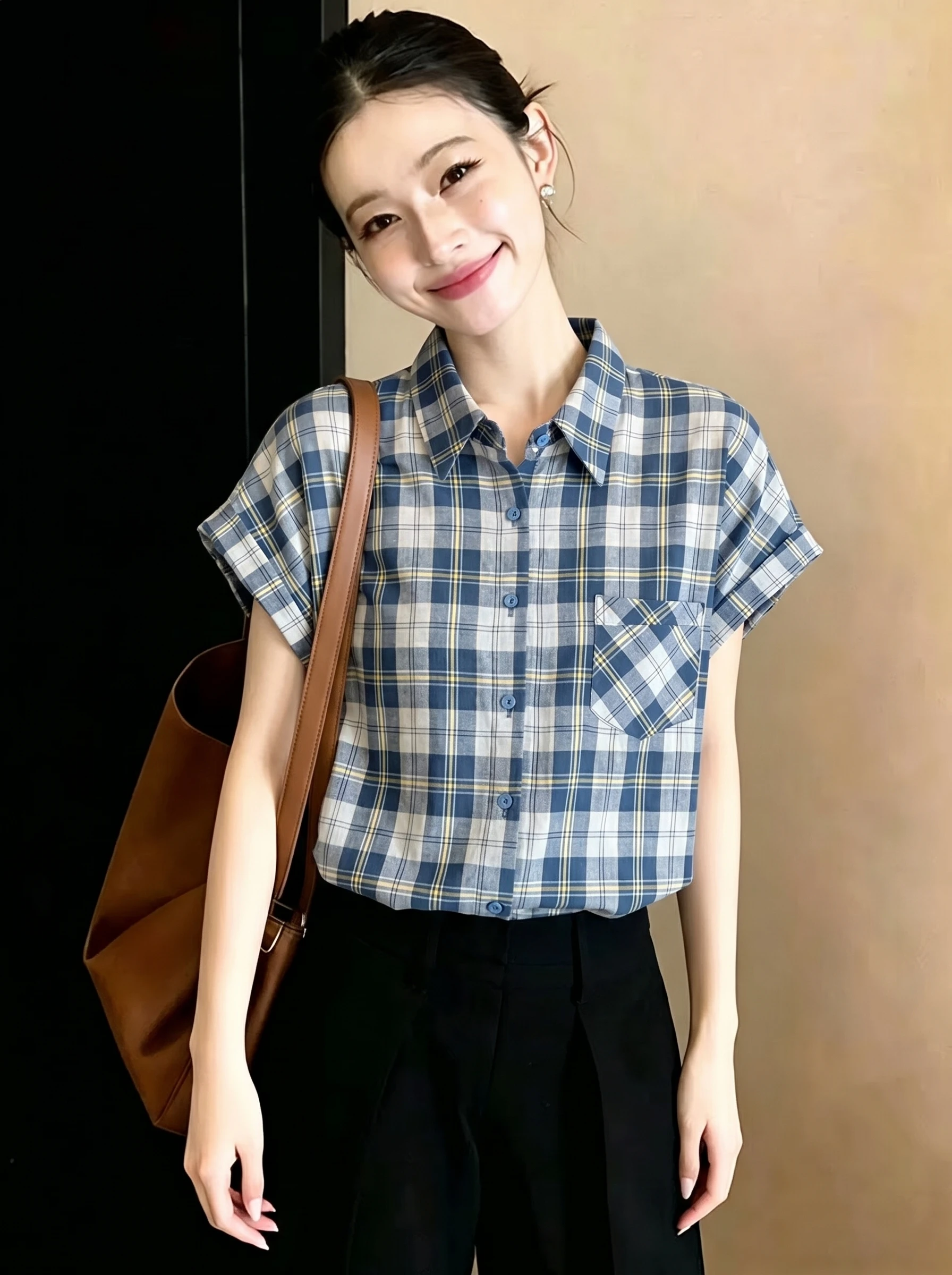 Retro Hong Kong Style Plaid Short Sleeve Loose Women's Shirt Summer Slimming Versatile Top Color Block Casual Fashion