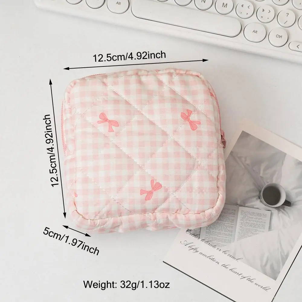 Classic Heart Bow Pattern Coquette Makeup Bag Travel Cotton Cosmetics Storage Bag Puffy Girls Coin Purse