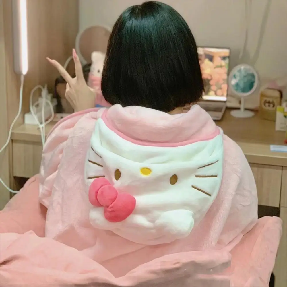 Kawaii Hello Kitty Blanket Cloak Sanrioed Plush Cape Anime Kt Hooded Blanket Shawl Quilt Hat Warm Soft Girls Cute Festival Gift