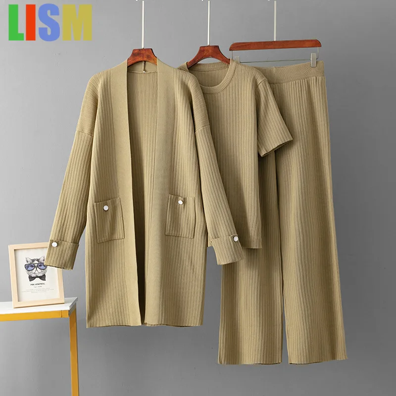 

LISM Pants sets outfit Knitted set women's winter mid length cardigan jacket+short sleeved top+wide leg pants three piece set