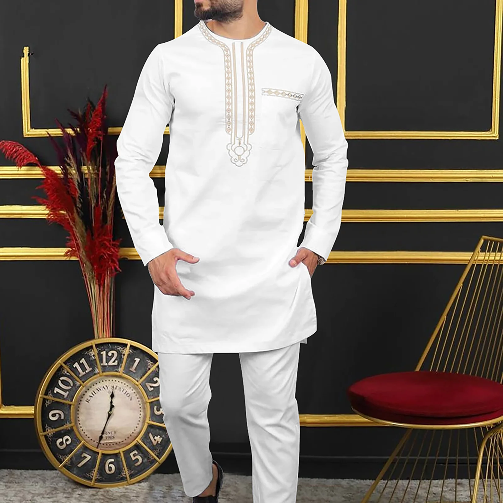 Elegant Men's Suits Embroidered Tops Pockets Pants Casual 2pcs Sets African Casual Traditional Wear Wedding Man Clothing Outfits